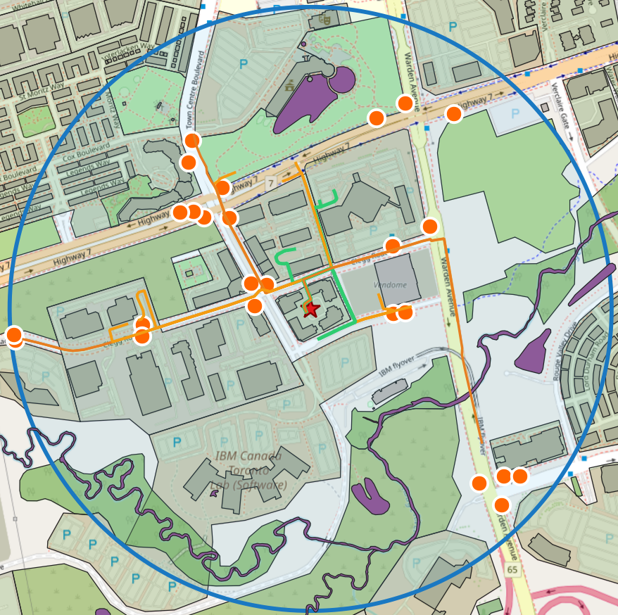 Bus stop catchment area map centred on Markham Town Centre showing 640m walk radius